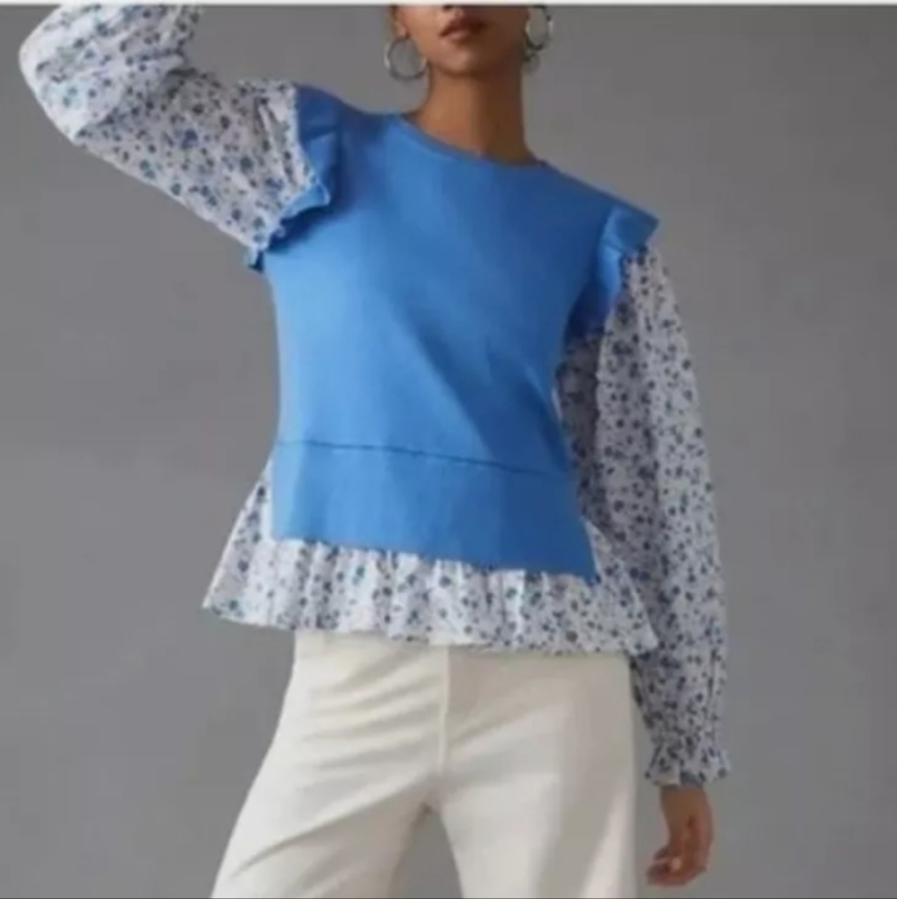 Anthropologie Blue and White Floral Sweater